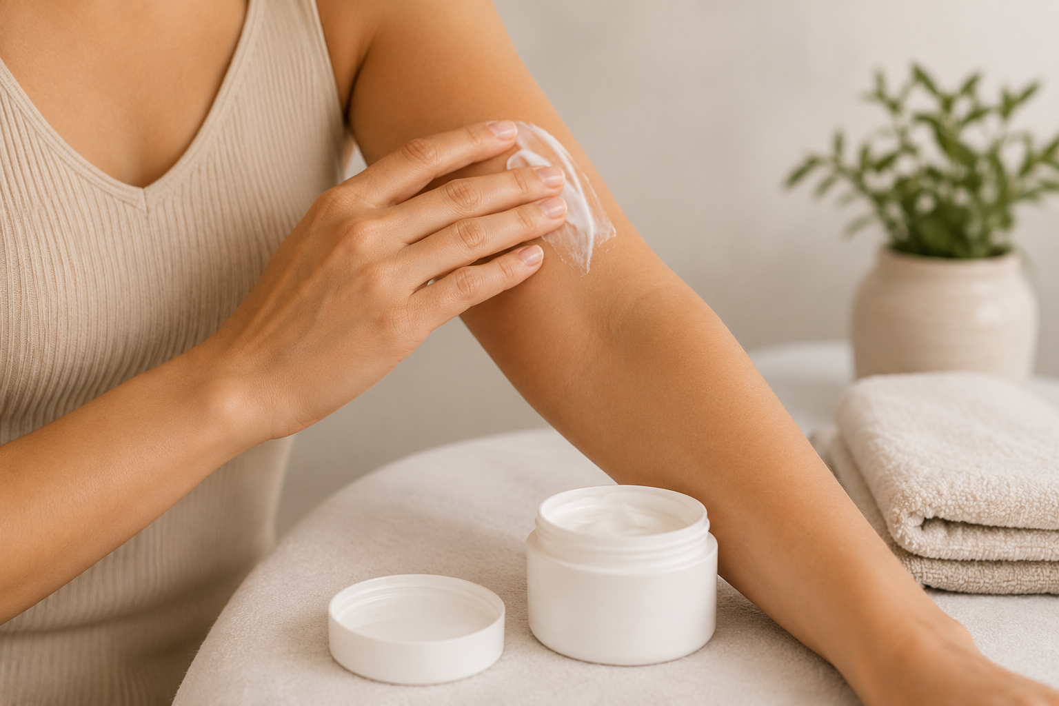 Woman applying fragrance-free moisturizer to her forearm as part of an everyday eczema care routine