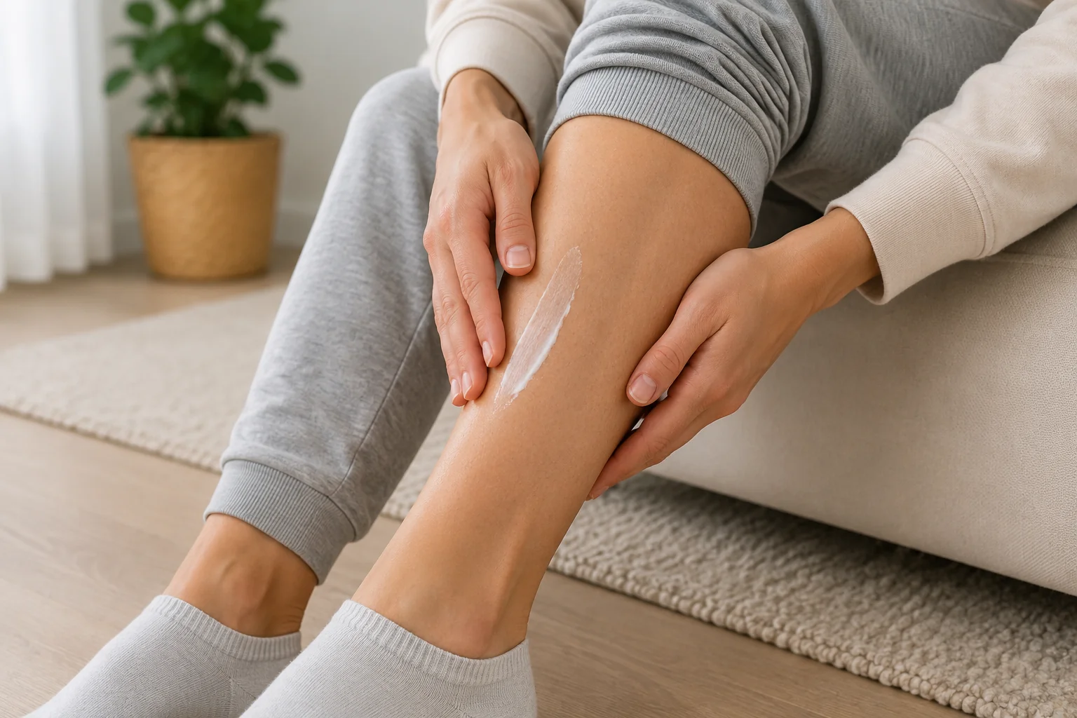 Woman applying clobetasol cream to her lower leg