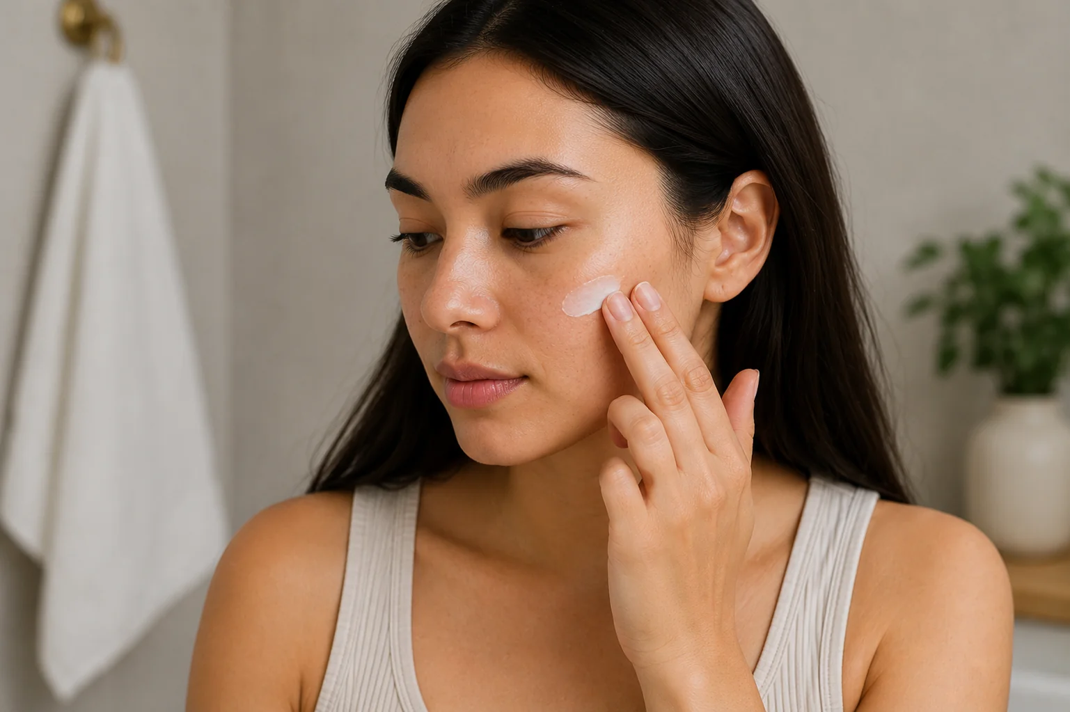 Woman applying desonide cream to her cheek