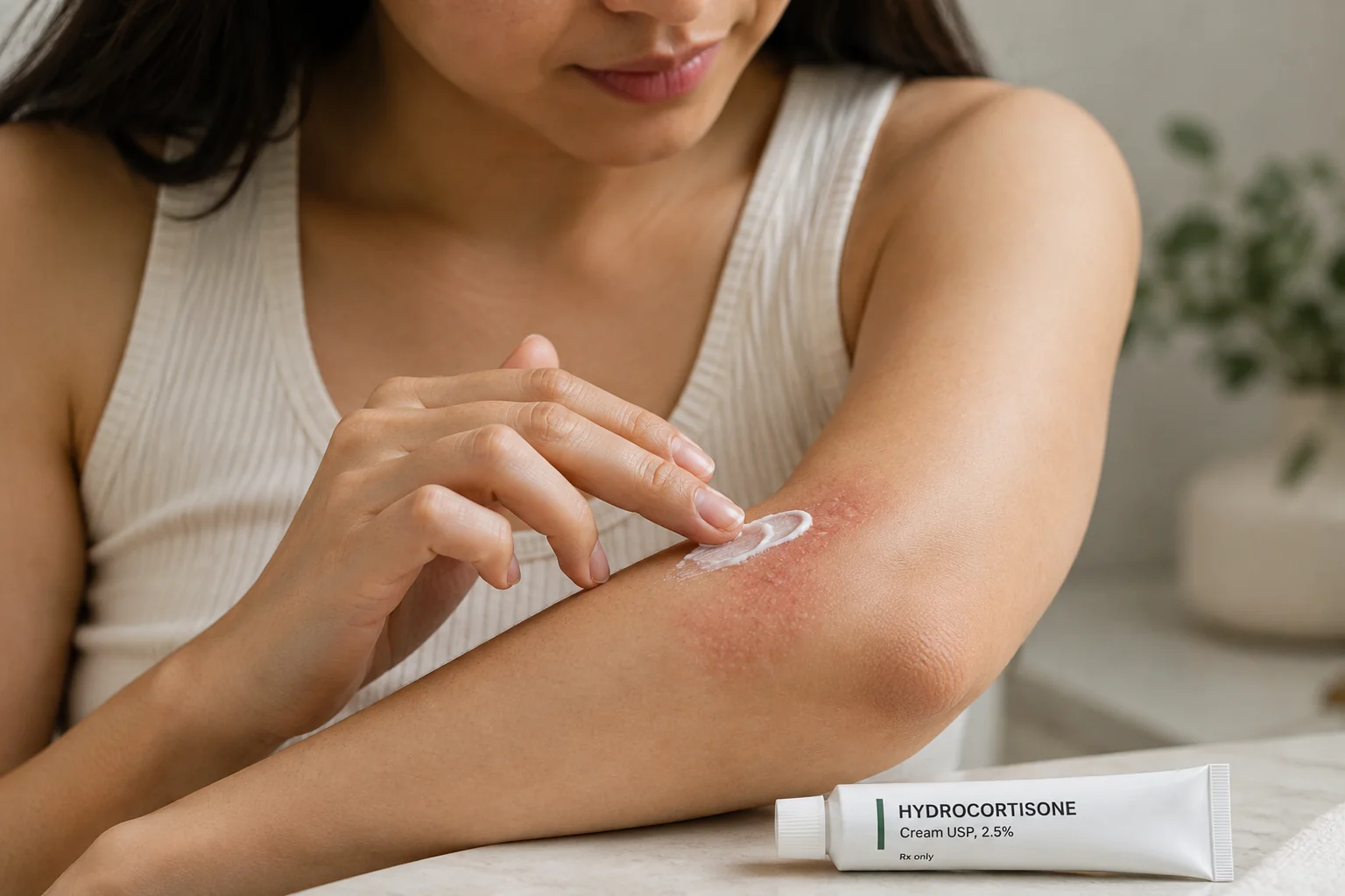 Woman applying hydrocortisone cream to her arm