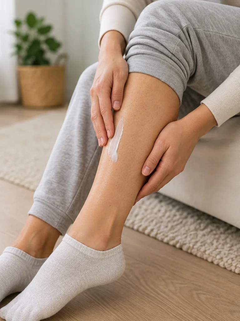 Woman applying mometasone cream to her lower leg