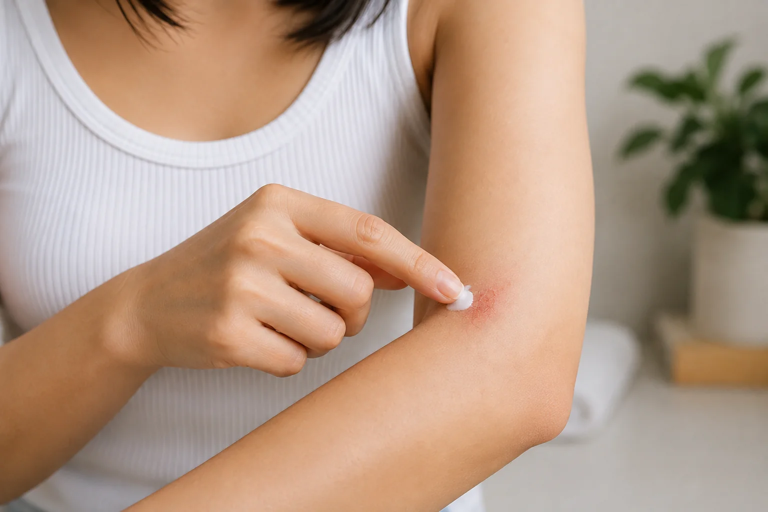Woman applying mupirocin ointment to an eczema patch