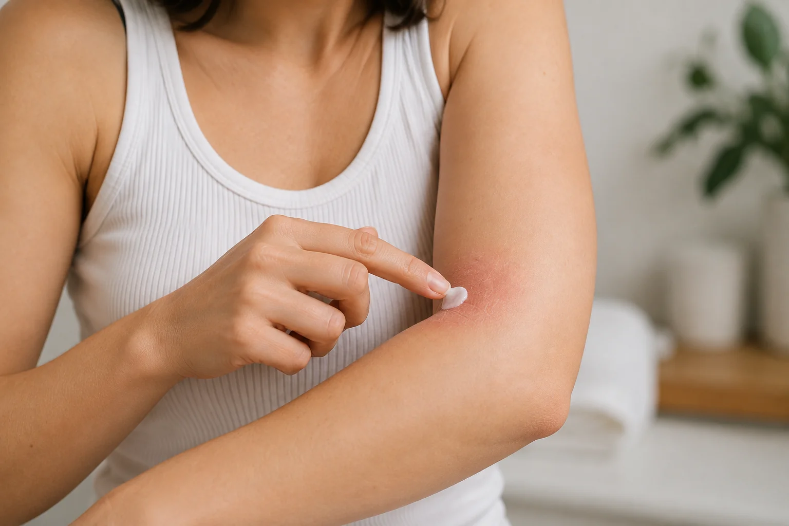 Woman applying tacrolimus 0.03% ointment to an eczema patch