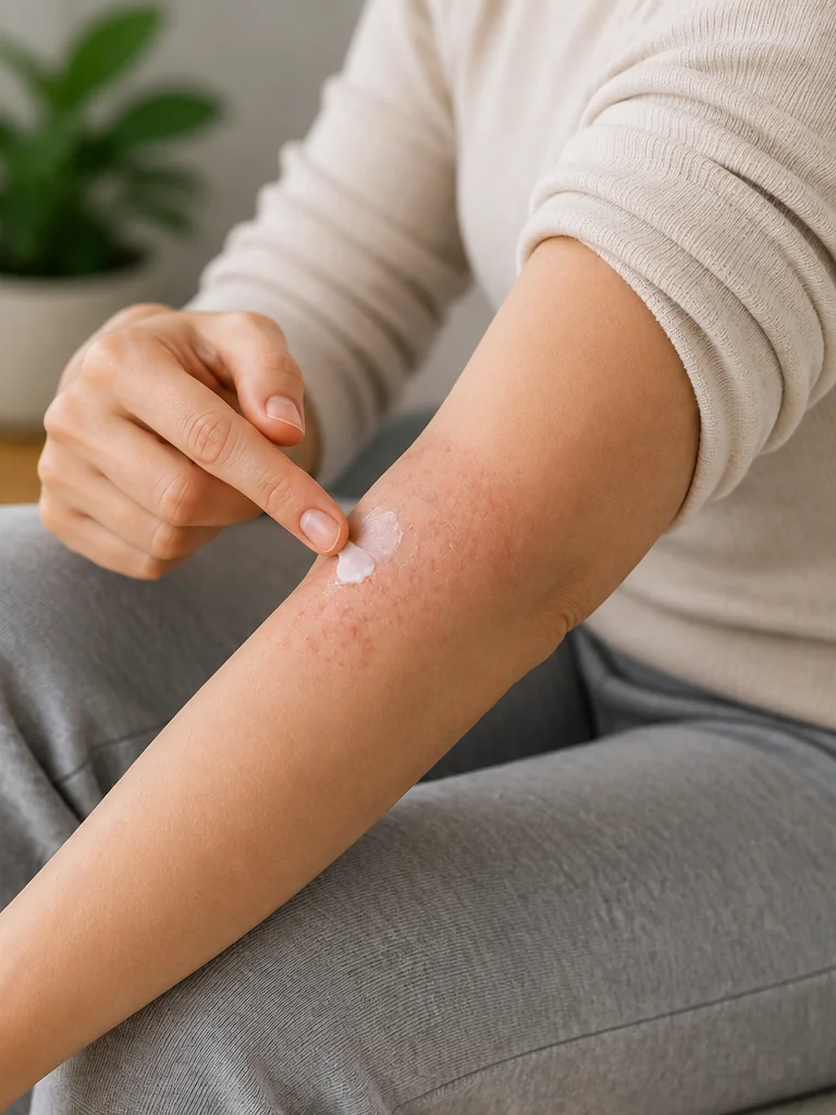 Woman applying tacrolimus ointment to the crook of her arm