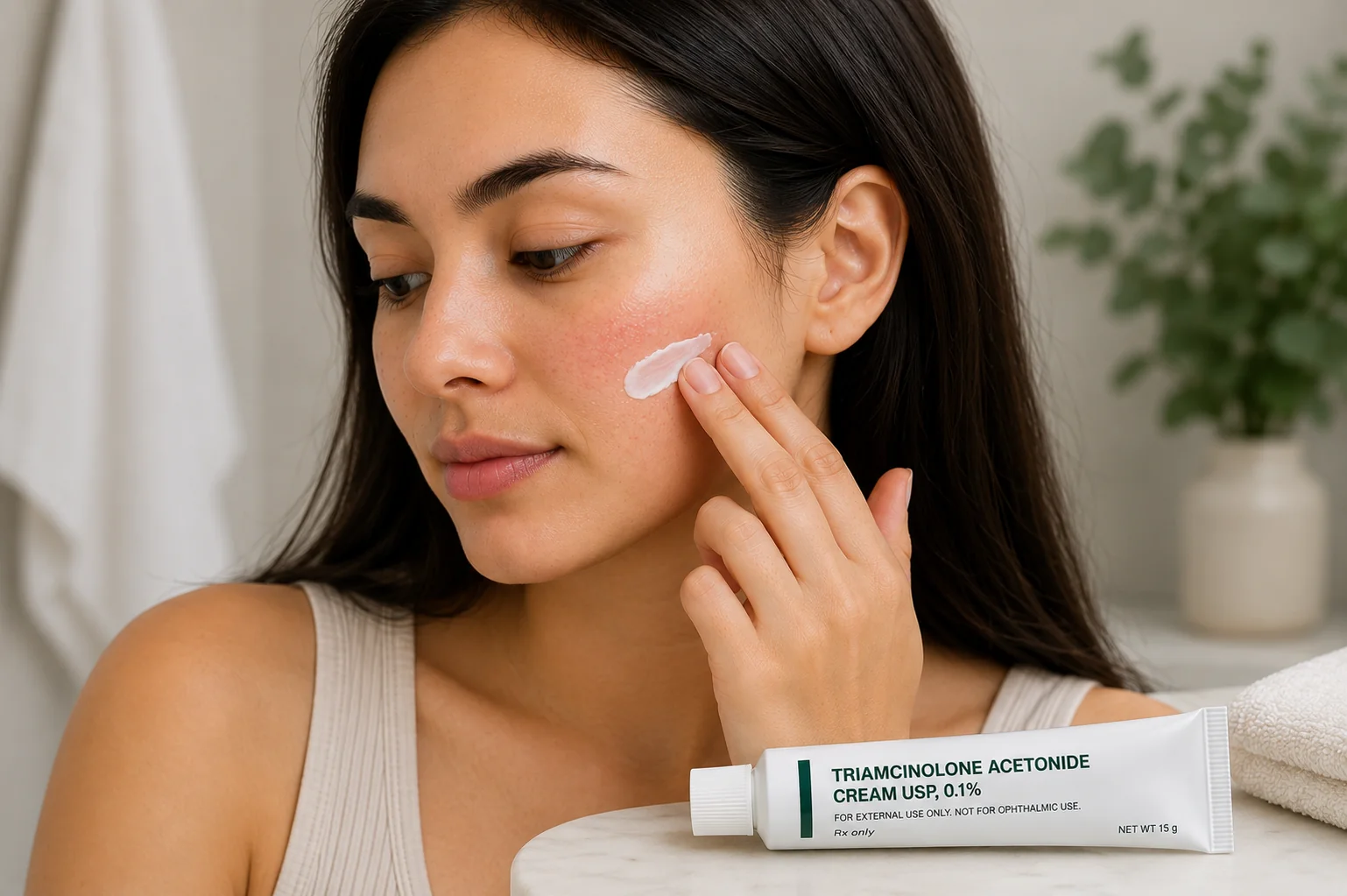 Woman applying triamcinolone cream to her cheek
