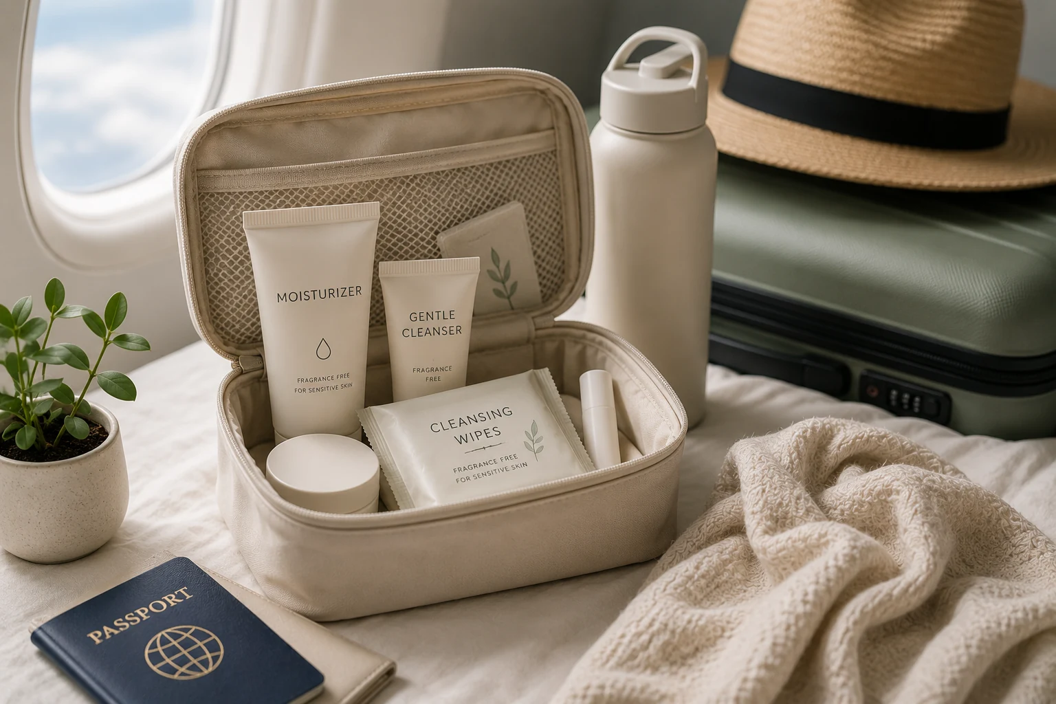 A travel bag packed with familiar eczema skin-care products and medication